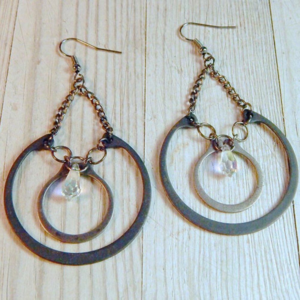 DANGLE DOUBLE LOOP EARRINGS W/ Crystal - Steampunk Style Industrial Earrings